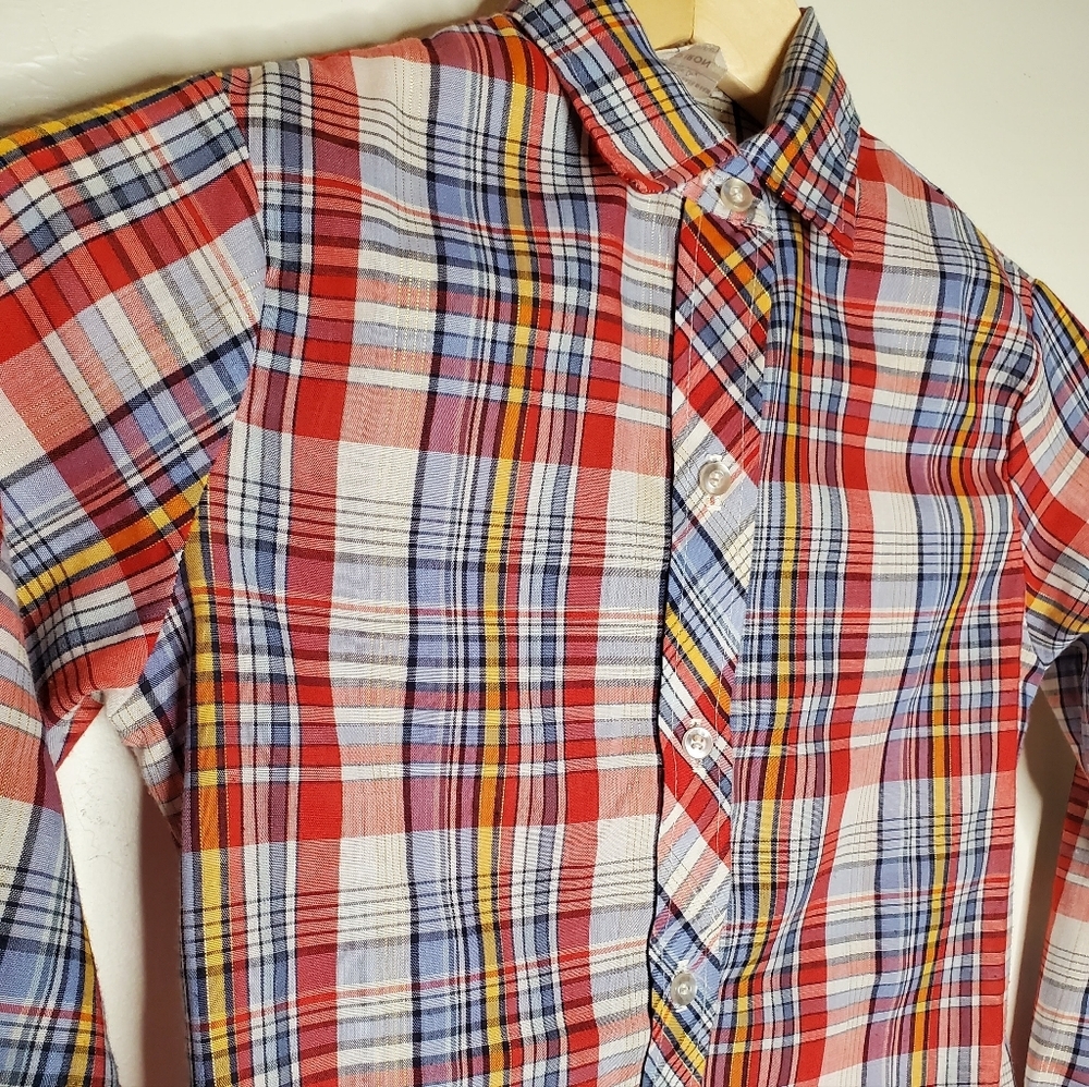 Bright and Basic Multi-color Vintage Plaid Shirt with Metallic Gold Threads - Picture 10 of 12